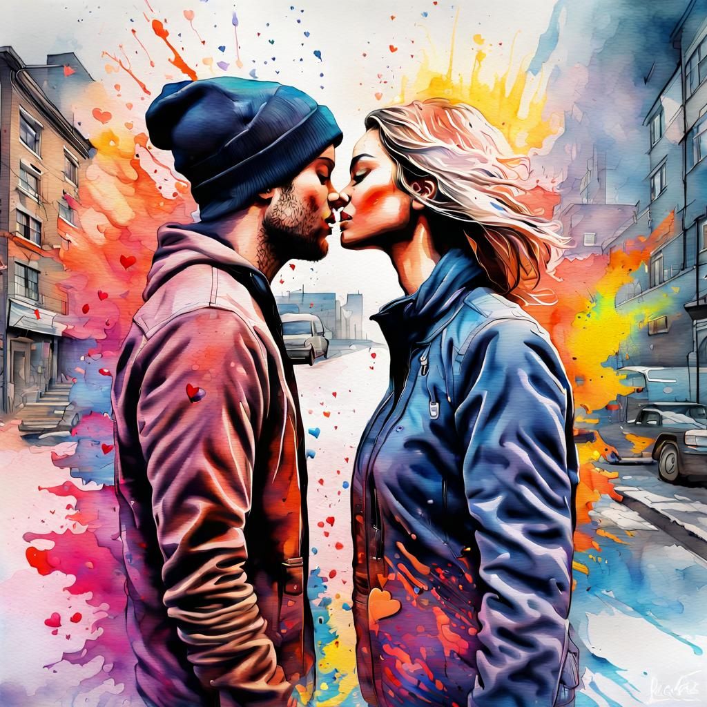 Couple Falling in Love: Vibrant Watercolor Masterpiece