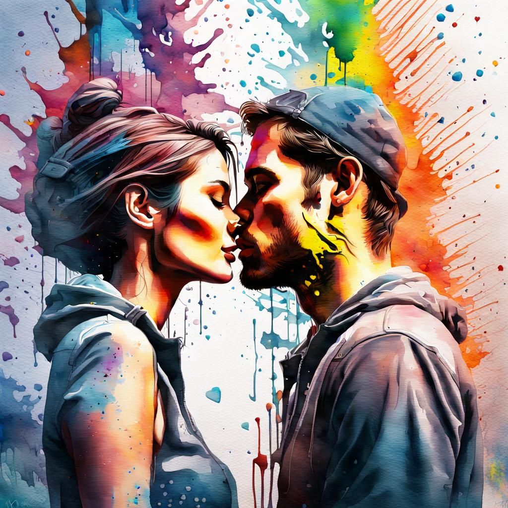 Watercolor Double Exposure: Couple Falling in Love