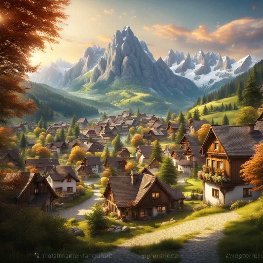 a view of a town with a mountain in the background, beautifu...