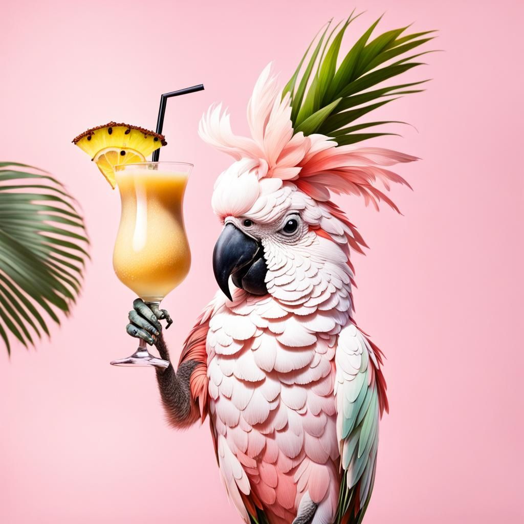 Adorable Pink Cockatoo Holding Pina Colada Wearing Straw Hat  by @Inner Peace