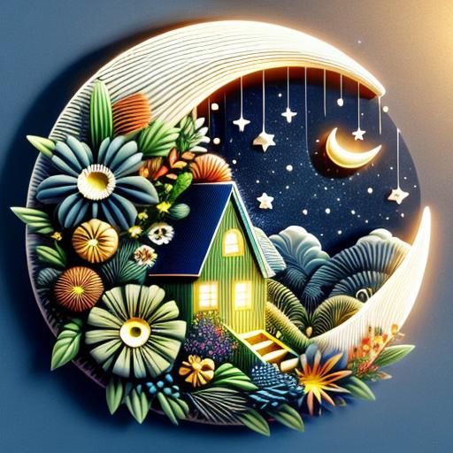 <lora:stars:1.0> digital art, hyperdetailed abstract 3D shape crescent moon, foliage, flowers and a cute spring house incorporated, light em...