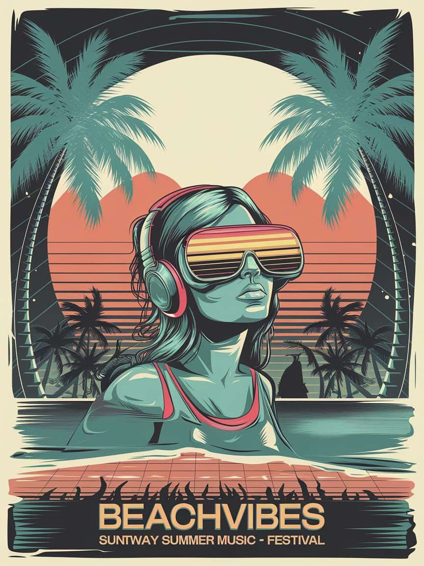 Synthwave pop art poster for a summer music festival “BeachVibes”