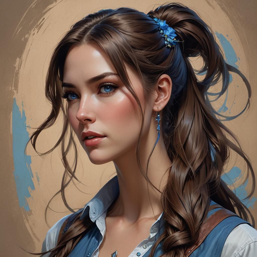 Beautiful woman, 20s, long brown hair, ponytail, blue eyes, ...