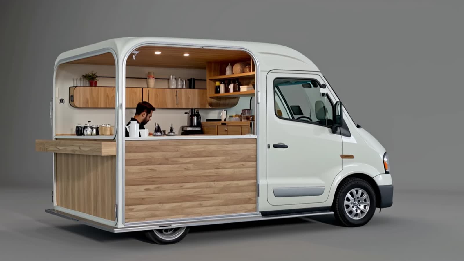 Minimalistic Interior of a Maruti Suzuki Eeco van transformed into a mobile coffee cart. Features include a wooden count...