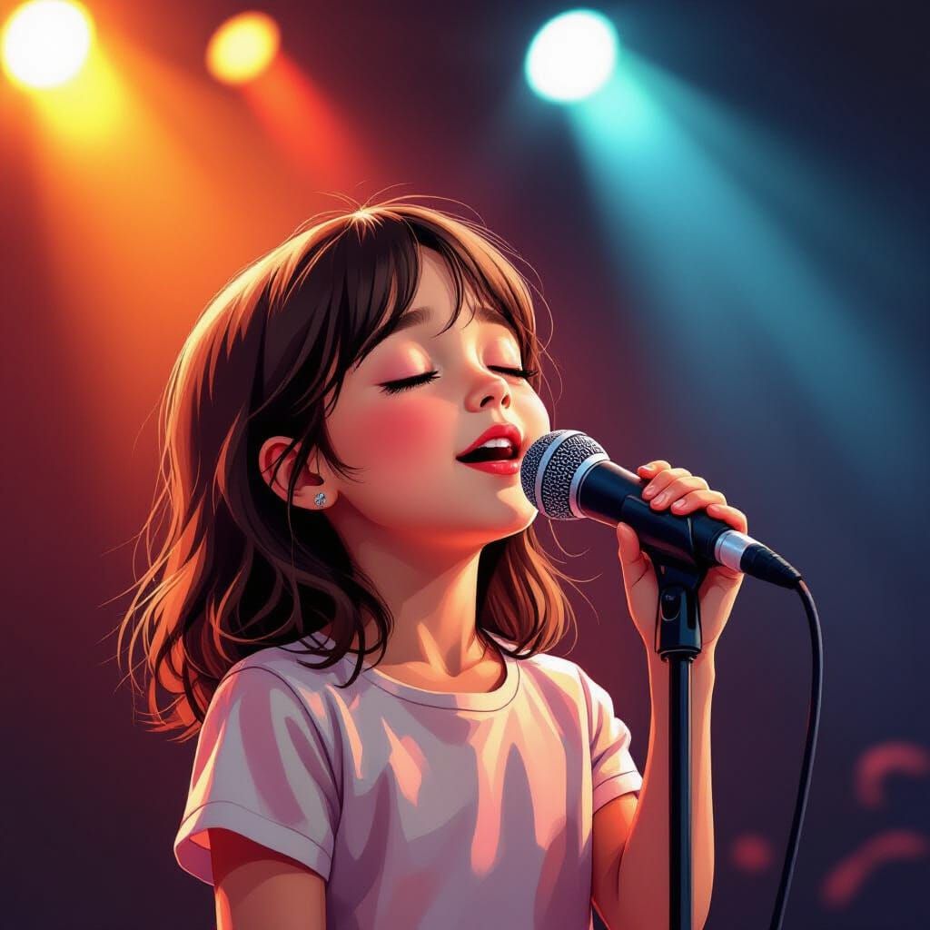 Girl Singing into Microphone Under Spotlights