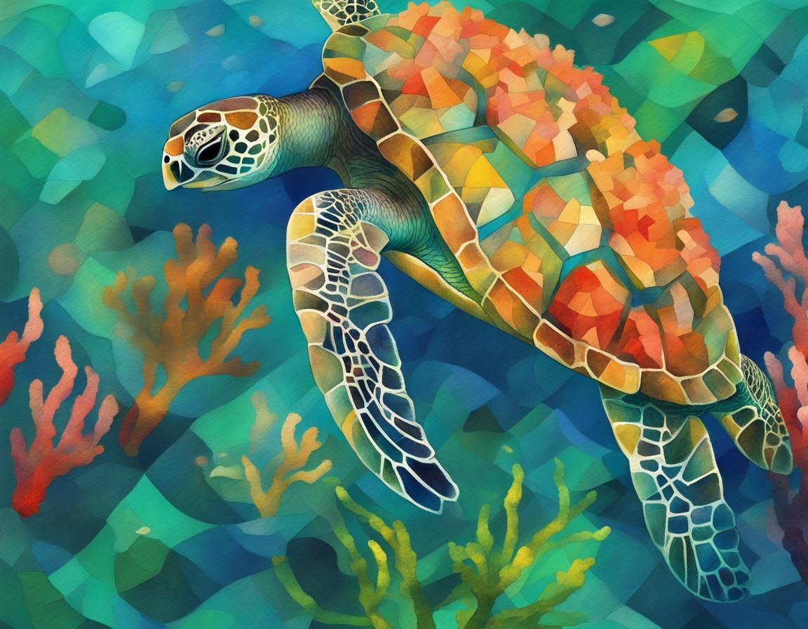 abstract underwater sea turtle and coral reef, kelp, fish, sunlight ...