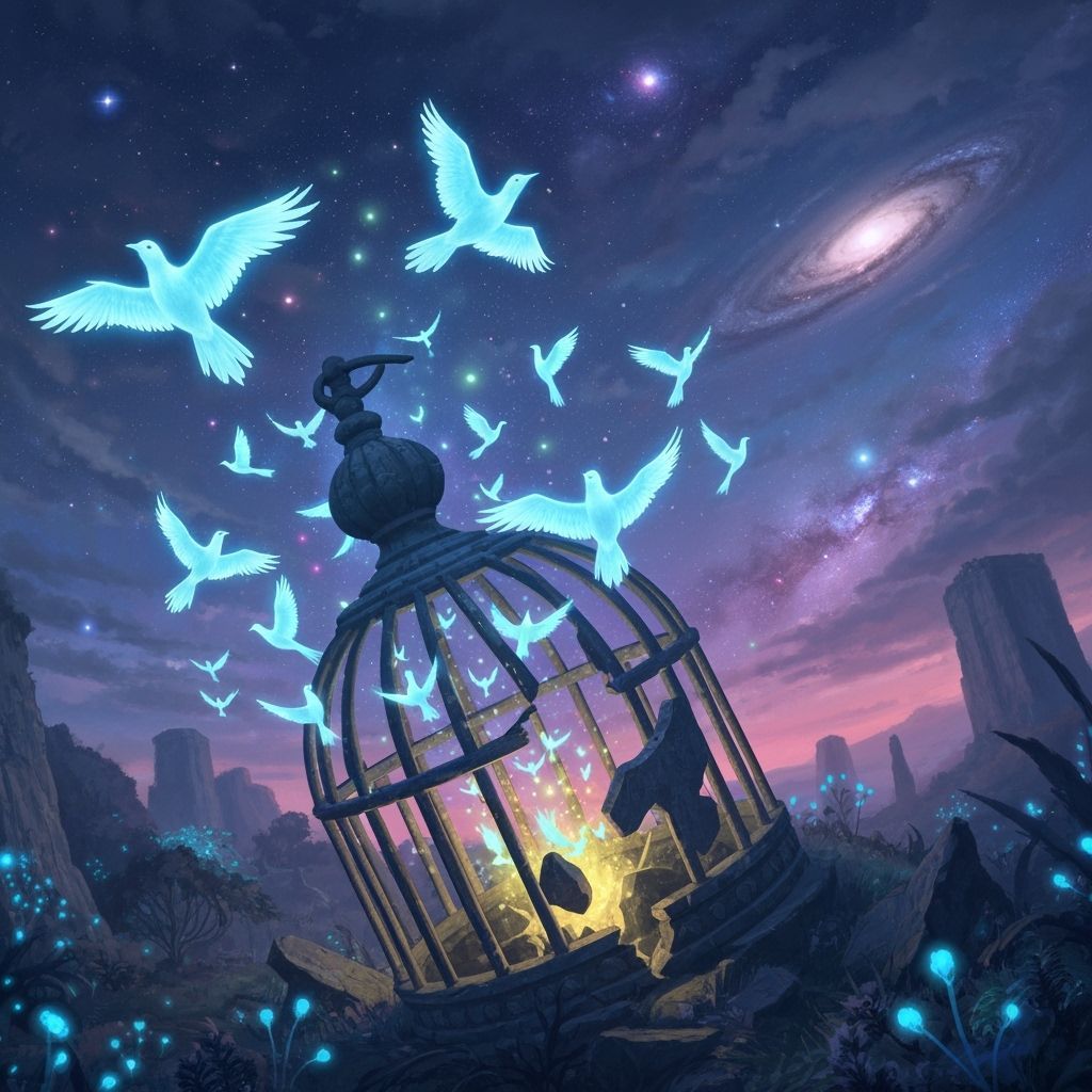 A flock of luminous, ethereal birds, resembling fireflies, bursting forth from a shattered, ancient stone birdcage. They ascend into a twili...