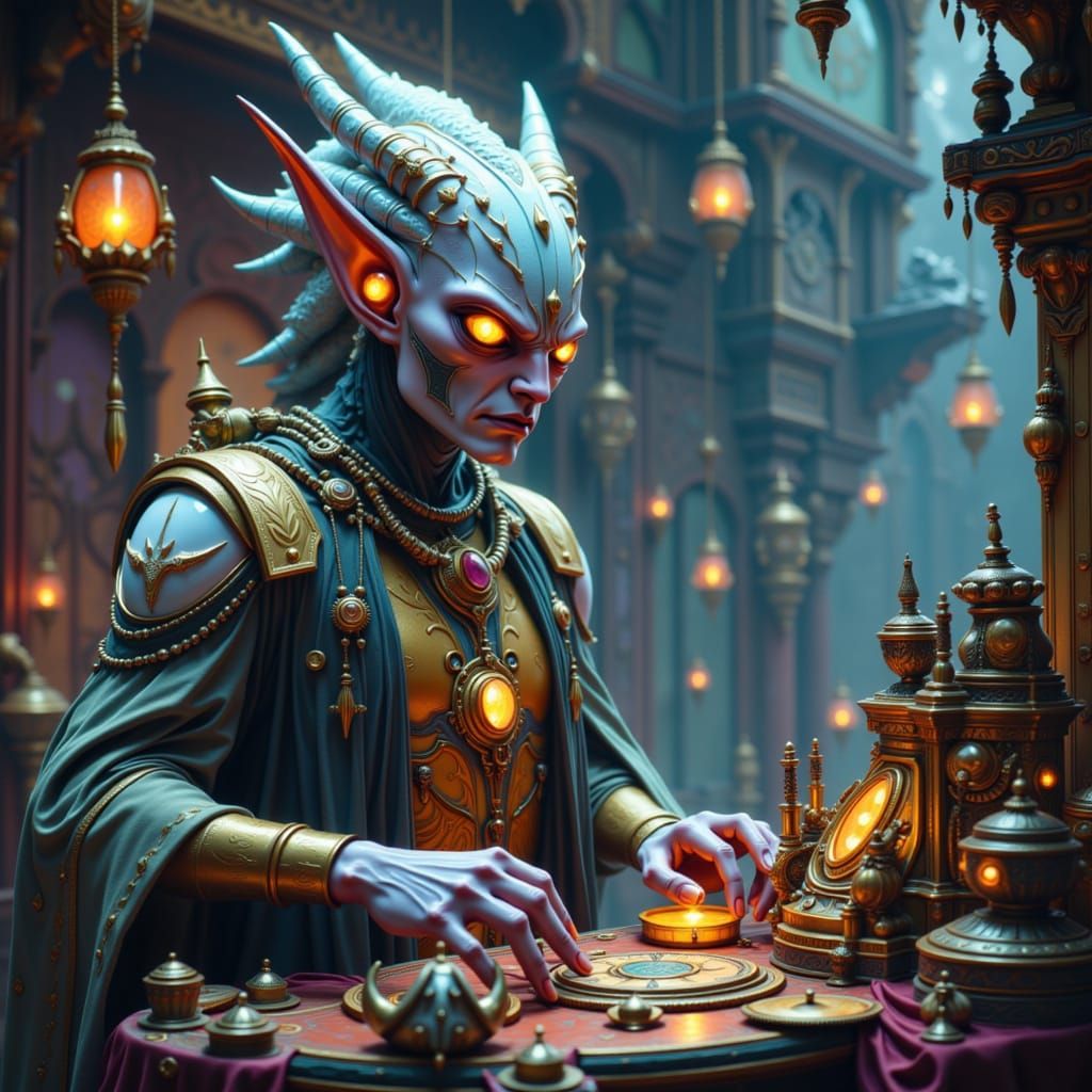 Illustration. An alien merchant, resembling a crystalline structure with multiple glowing eyes, displays peculiar, clockwork-like gadgets at...