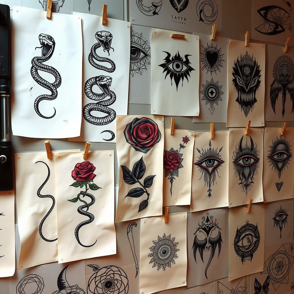 A tattoo studio wall, with various sheets of paper pinned up. These Shaw a variety of tattoos including Snakes, roses, and eyes with a mysti...