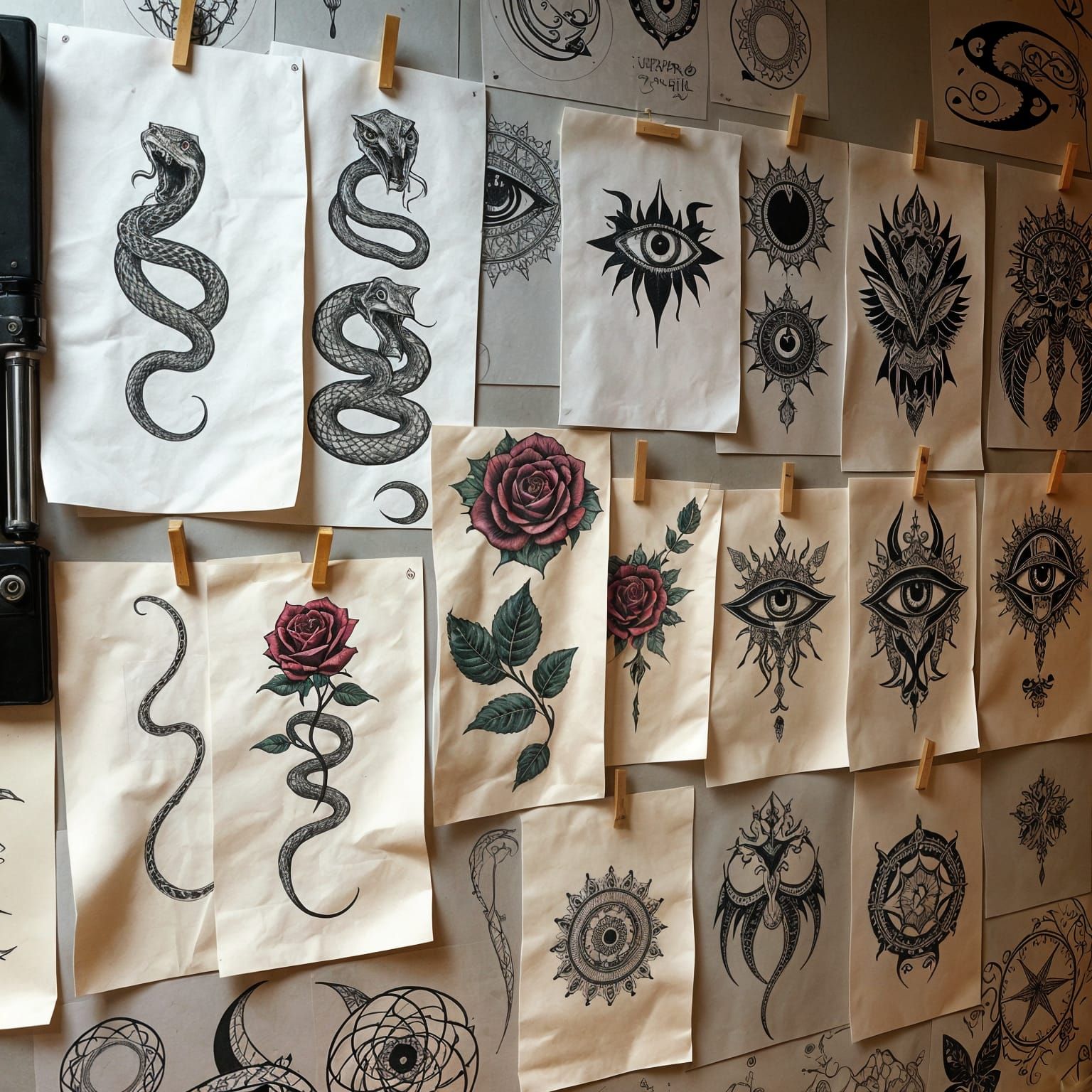 A tattoo studio wall, with various sheets of paper pinned up. These Shaw a variety of tattoos including ...  by @PWC Digital Art
