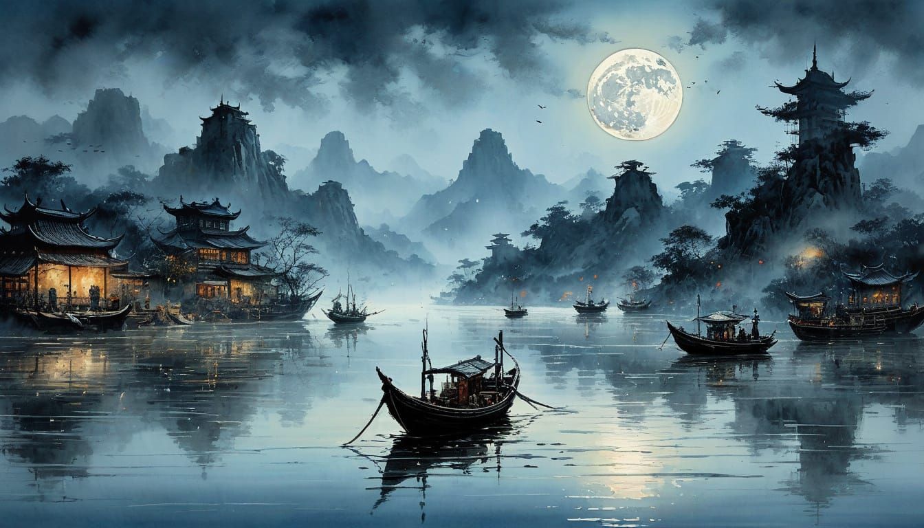 A striking watercolour misty painting featuring a massive heavily textured full moon Chinese landscape ...  by @AutumnBear