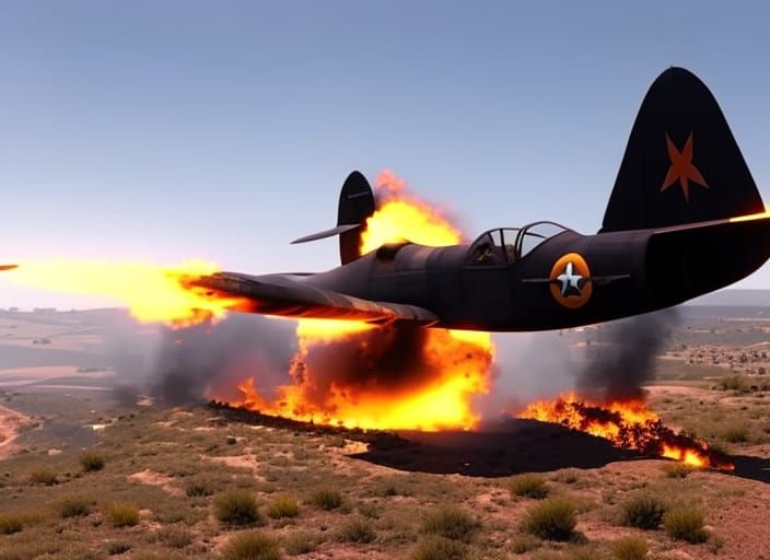 WW2 fighter blown up flying just above the ground.