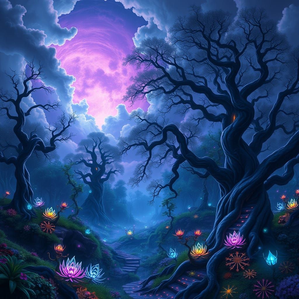 Ethereal Fantasy Forest Illuminated by Celestial Light
