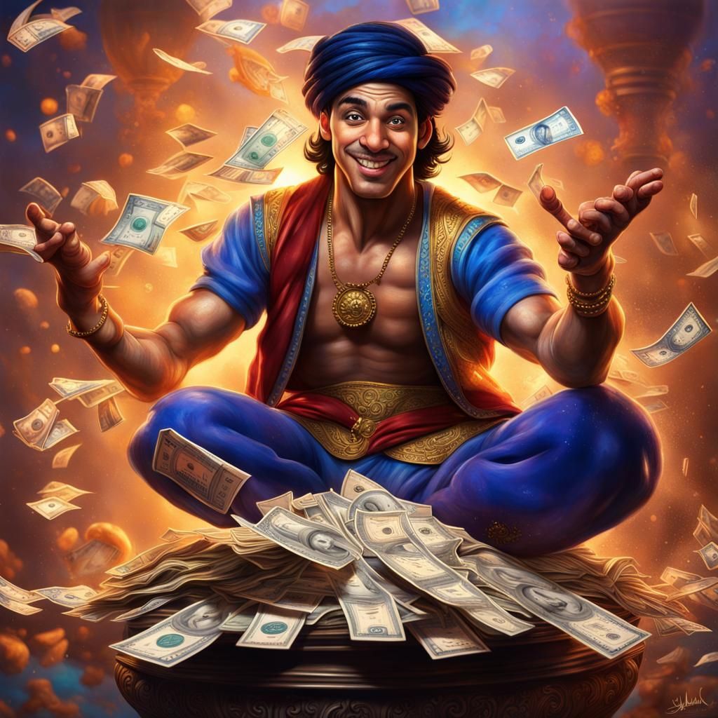 Materialistic Aladdin wishes for money.  by @Ian Evans