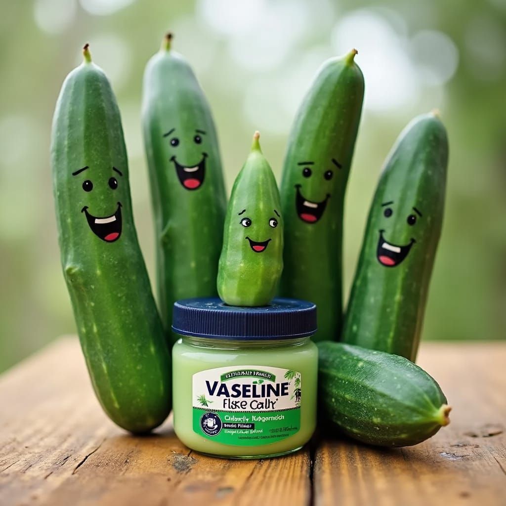 Six happy cucumbers and a jar of vaseline