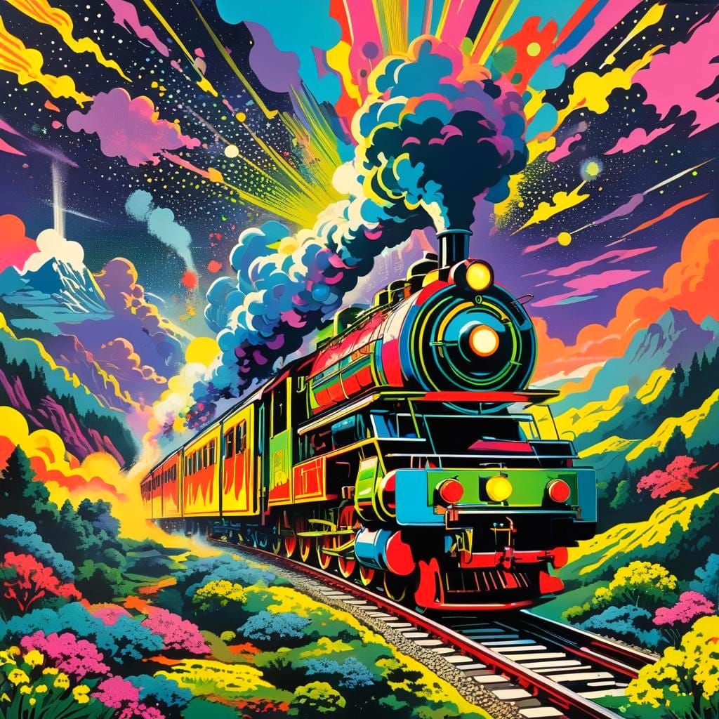 Vibrant Pop Explosion, pulp art, steamtrain, neon psychedelic landscape, LICHTENSTEIN  by @Rethy