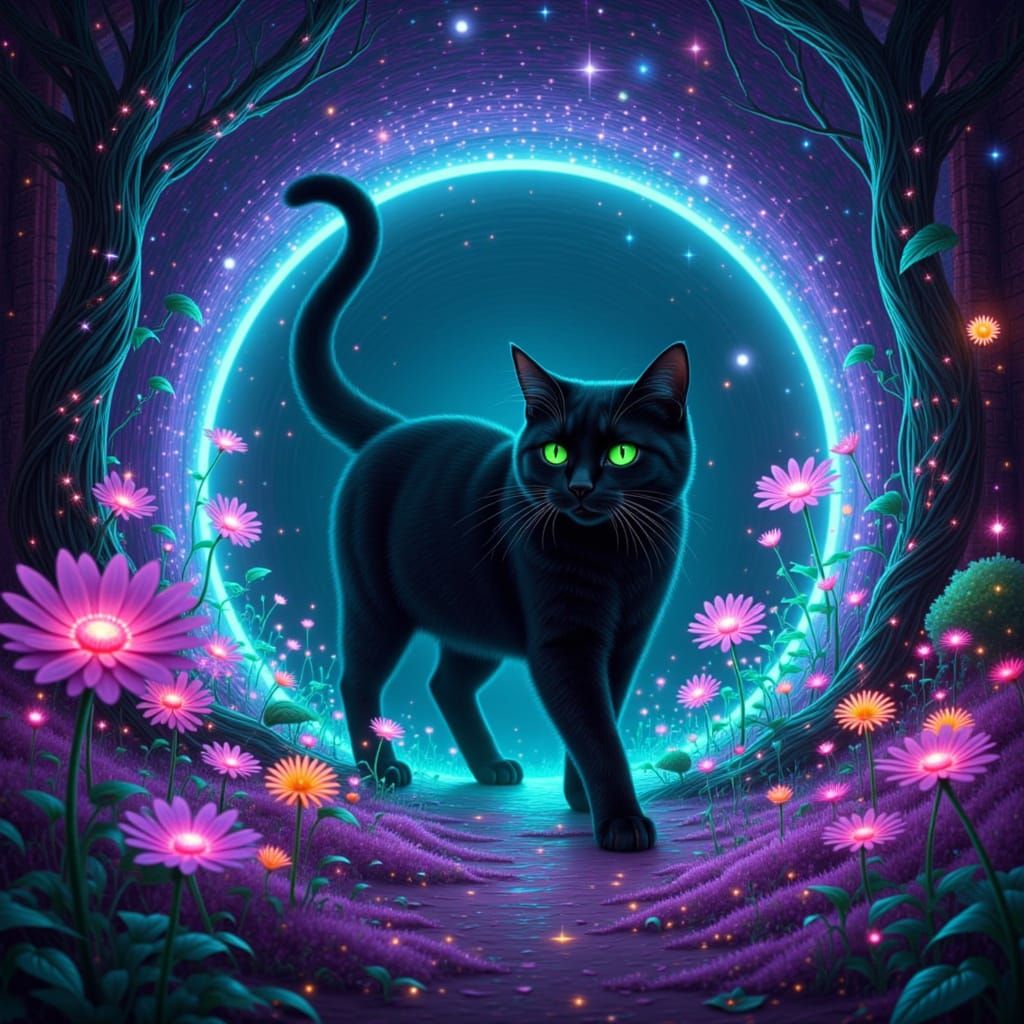 Albus The Cat with pure black velvet fur and emerald green eyes, and a Sunfairy bot, stepping out of a portal, in the style of <lora:Mischie...