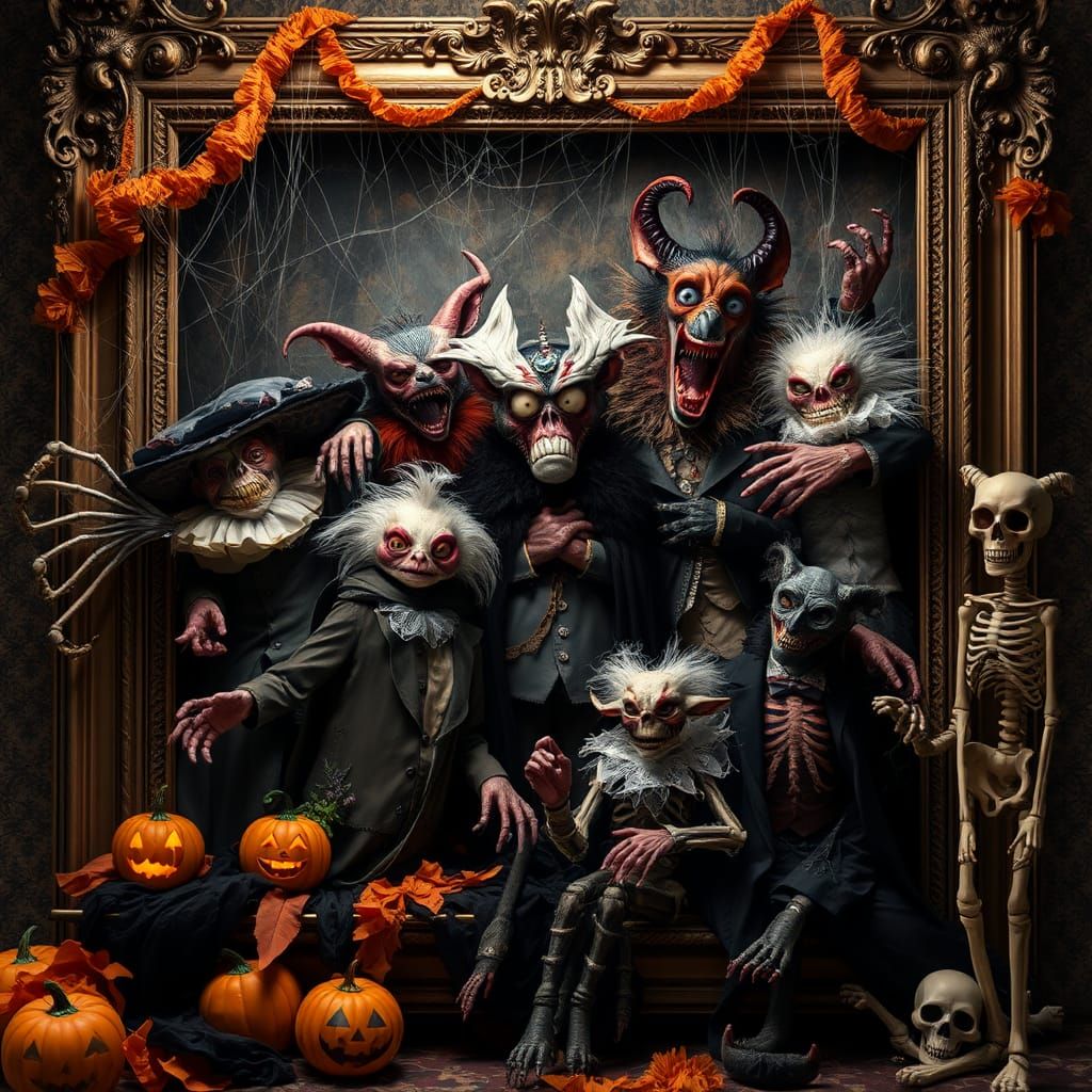 Monsters pose for a 'prom photo' against a makeshift backdrop of Halloween-themed decorations  by @Amora