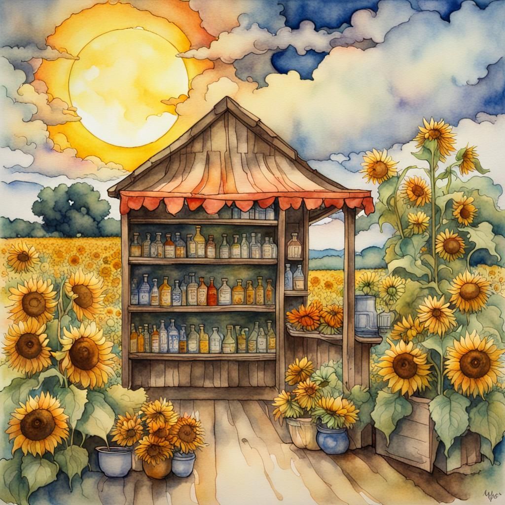 Condiment stand surrounded by sunflowers AI Generated Artwork