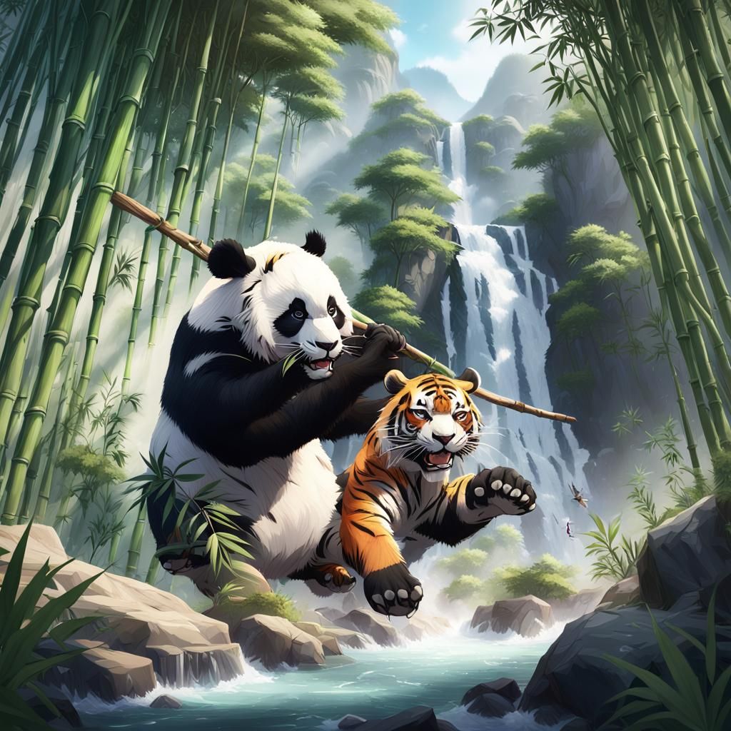 8K resolution image, a panda is fighting with a tiger among ...
