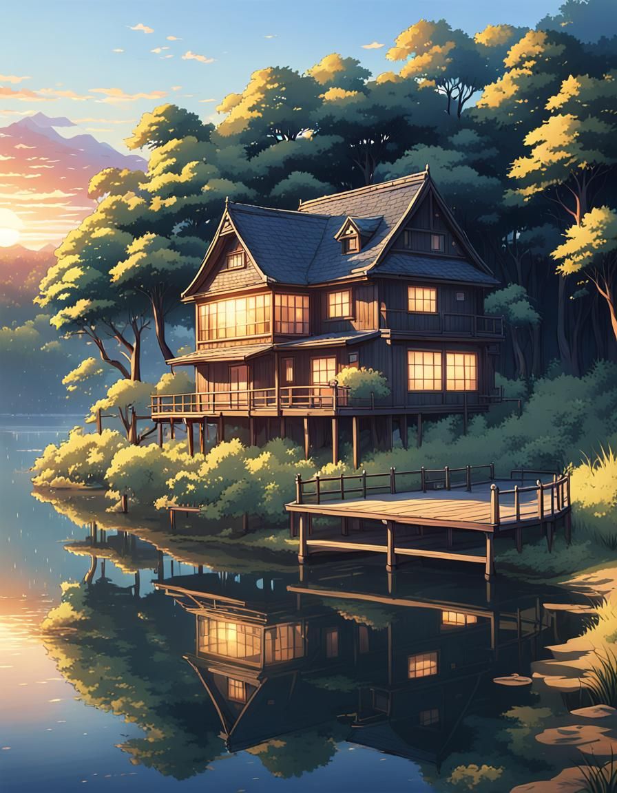 Wooden house on a lakeside, beautiful, lake, trees, sunrise,...