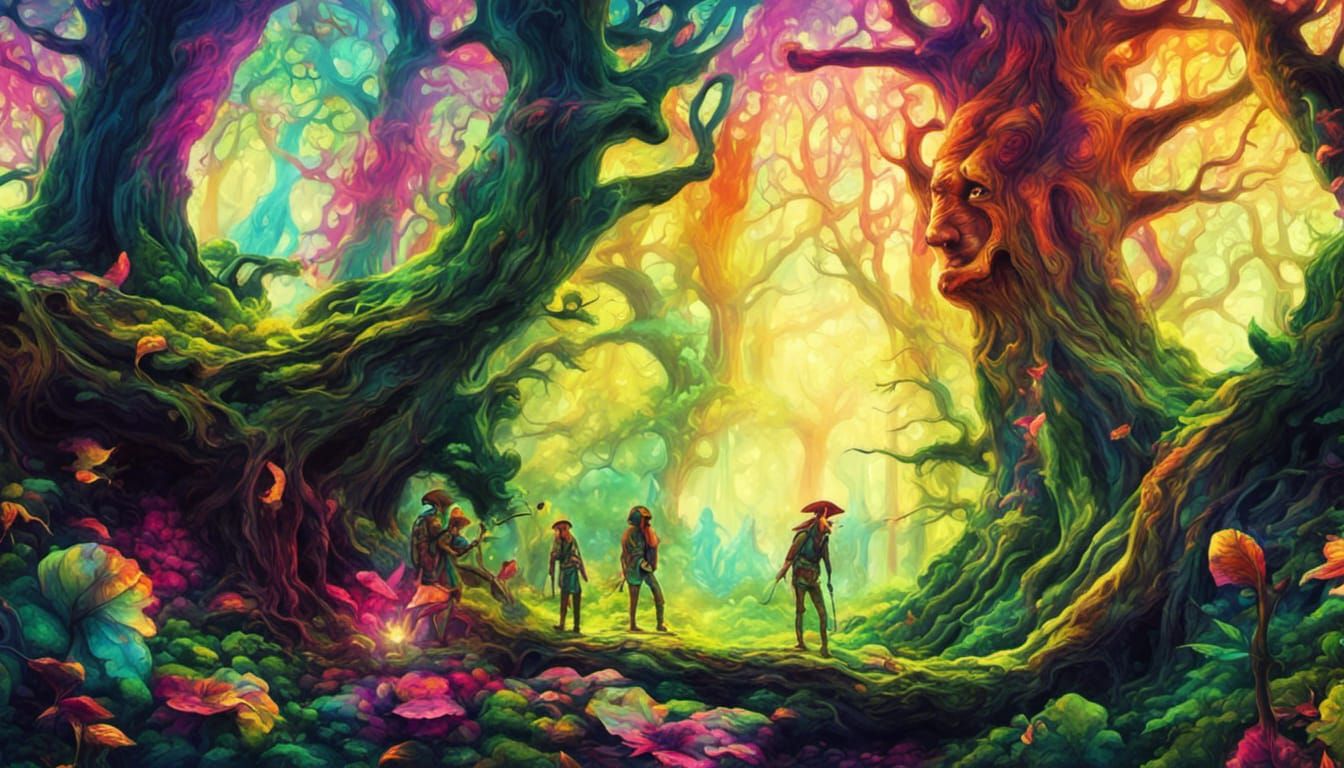 wood elves having psychedelic daydreams in a psychedelic fan...