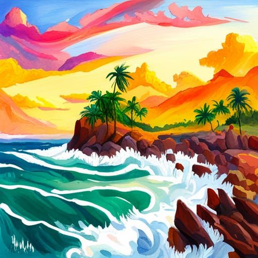 My dream vacation on a wild island surrounded by sea waves in Gouache Style, Watercolor, Museum Epic Impressionist Maximalist Masterpiece, T...