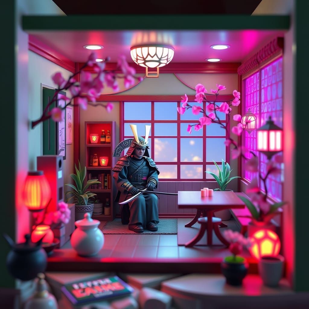 Samurai Cafe in a Vaporwave Diorama with 3D Lighting