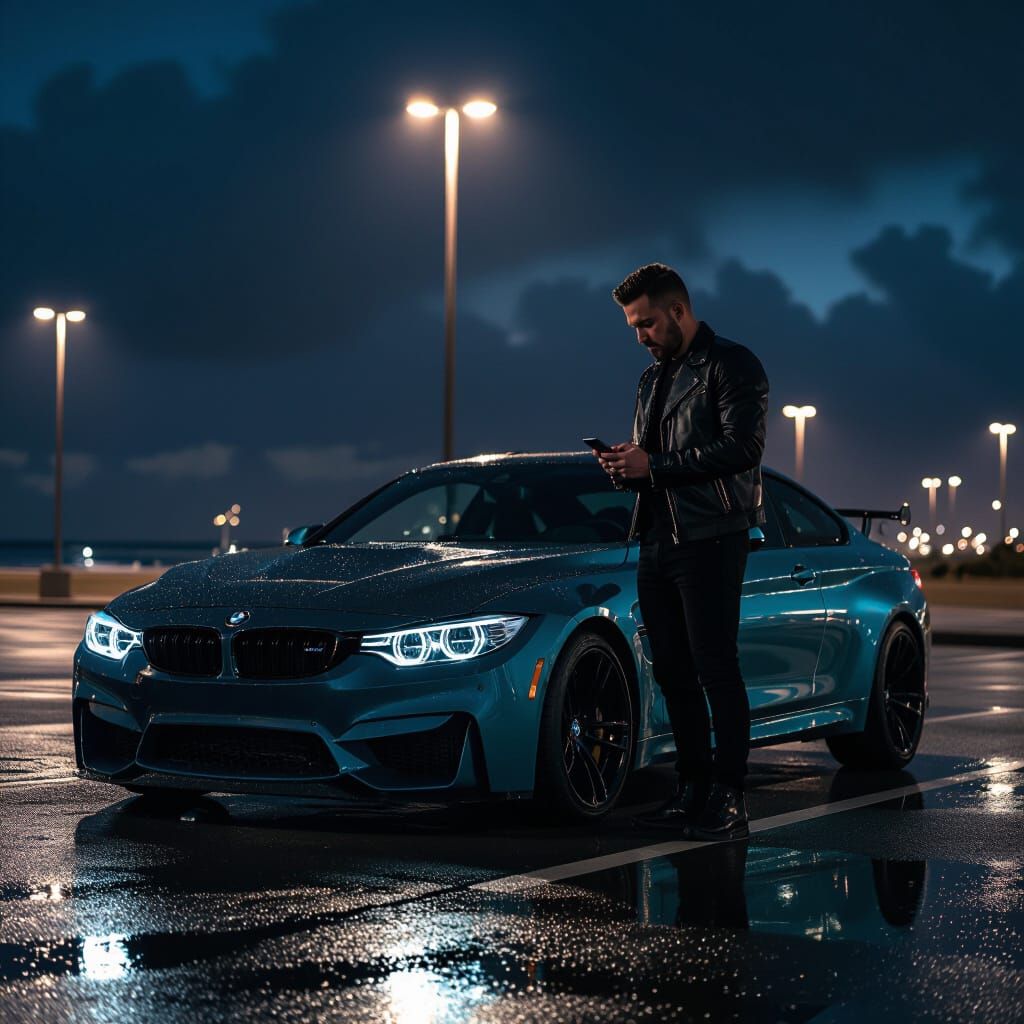 Man Leans on BMW M4 at Night Beach Parking Lot