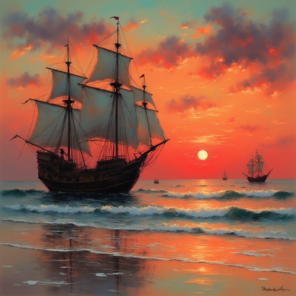 <lora:Morgane:1.0> Malaysian pirates on the beach with red sun.