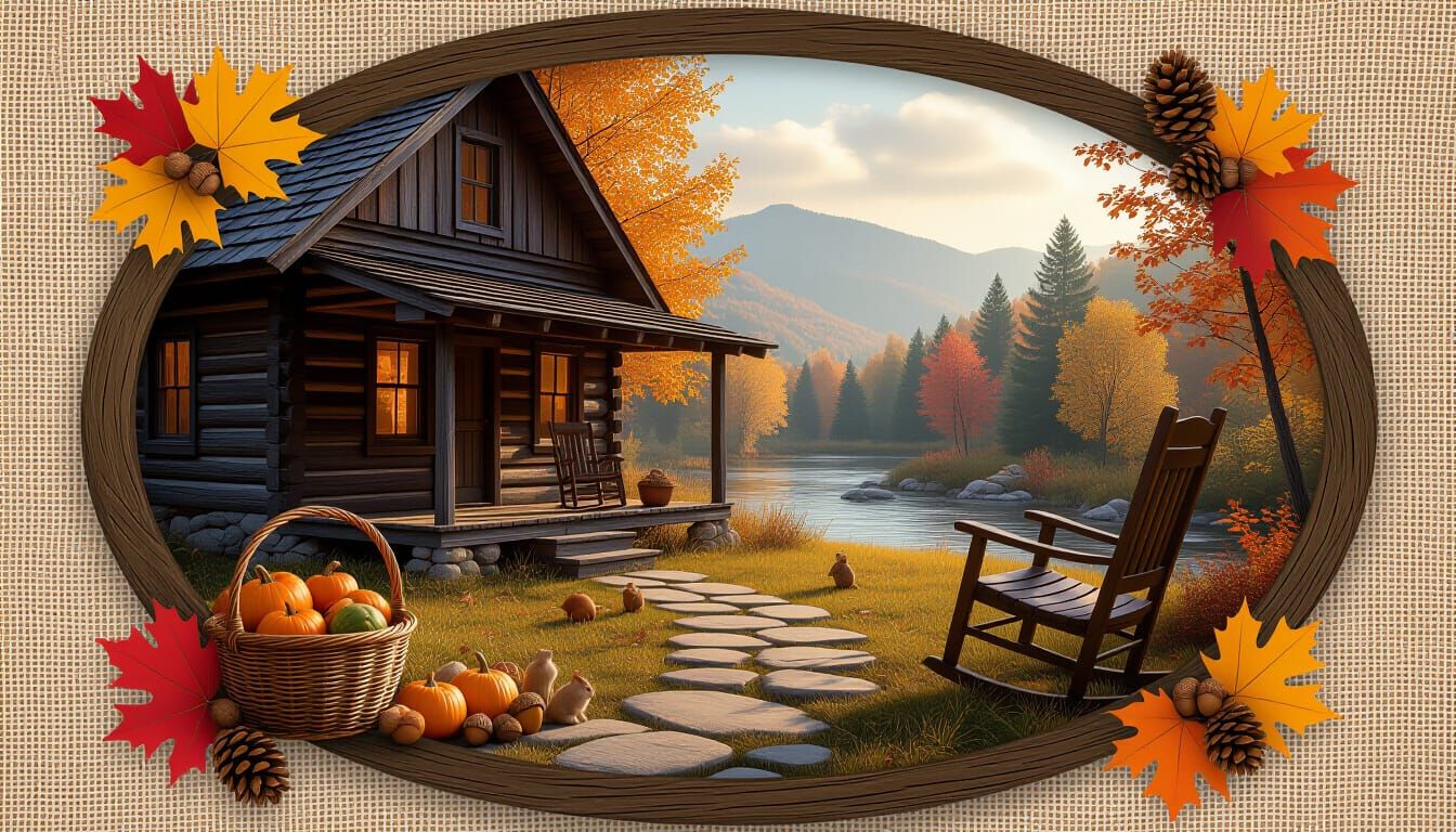 
Contained inside an oblong old wooden oval frame adorned by fall leaves, acorns, and pinecones,is an old log cabin nestled beside a ripplin...