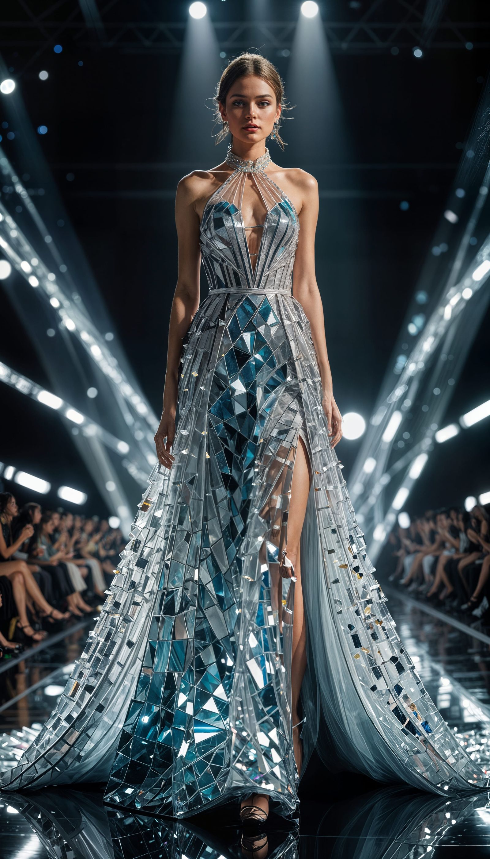 Lady on catwalk stage, wearing a dress made of many piece of glass  by @Alan