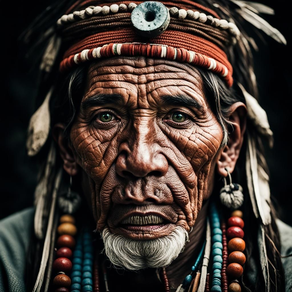 A Peruvian shaman Close up portrait, ambient light, Nikon 15mm f/1.8G ...