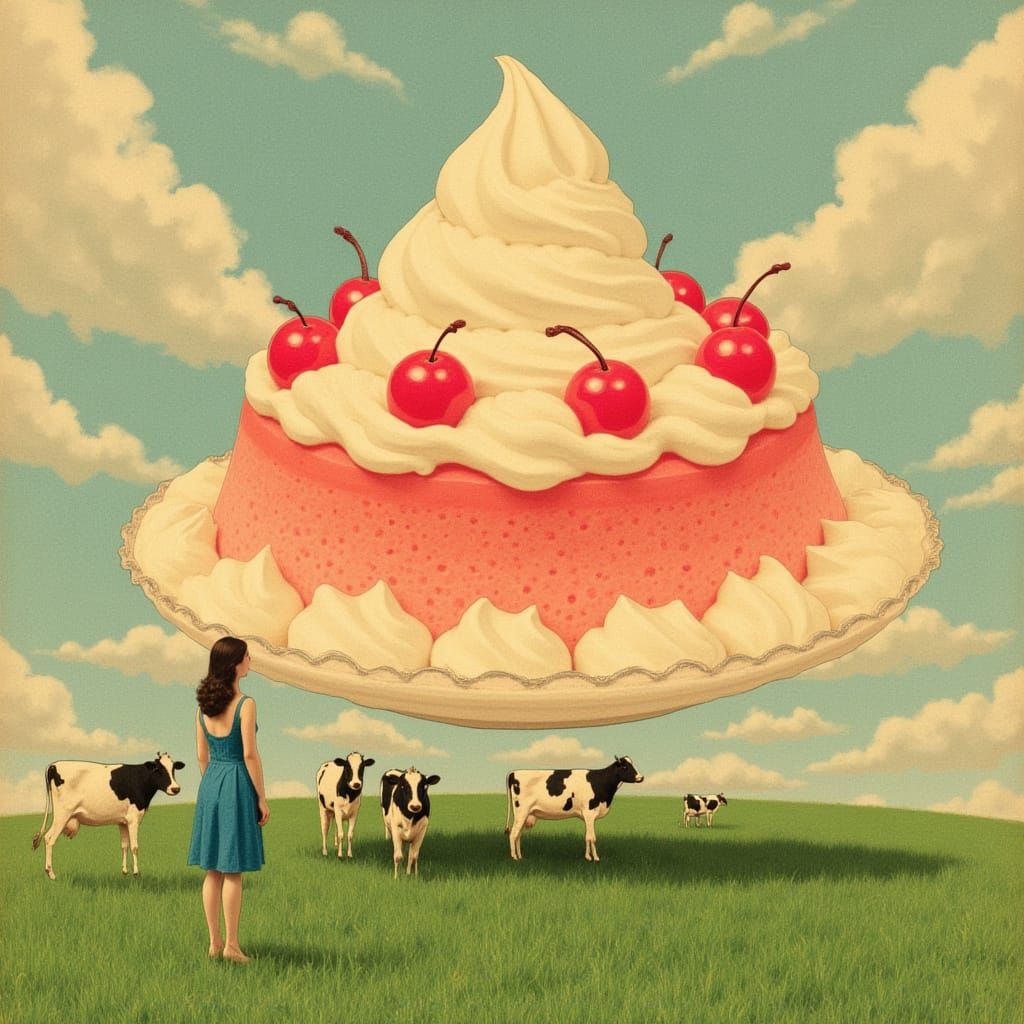 <lora:SurrealRetro:1.0> A giant red and white jelly in the shape of an ice cream sundae with whipped cream and cherries on top is floating o...
