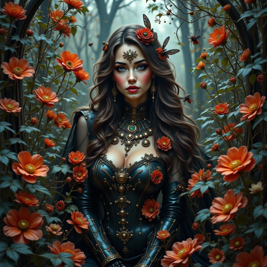 Steampunk Woman in Bioluminescent Garden