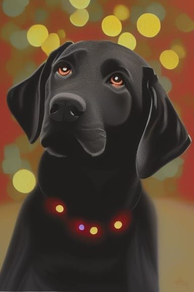 Black lab Christmas Card. Bokeh lights, snow very detailed rendering ...