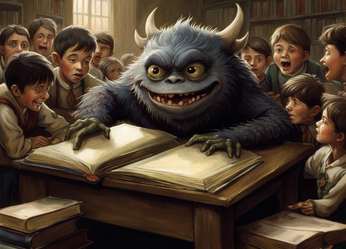 a monster reading to his friends in the classroom  by @Lua