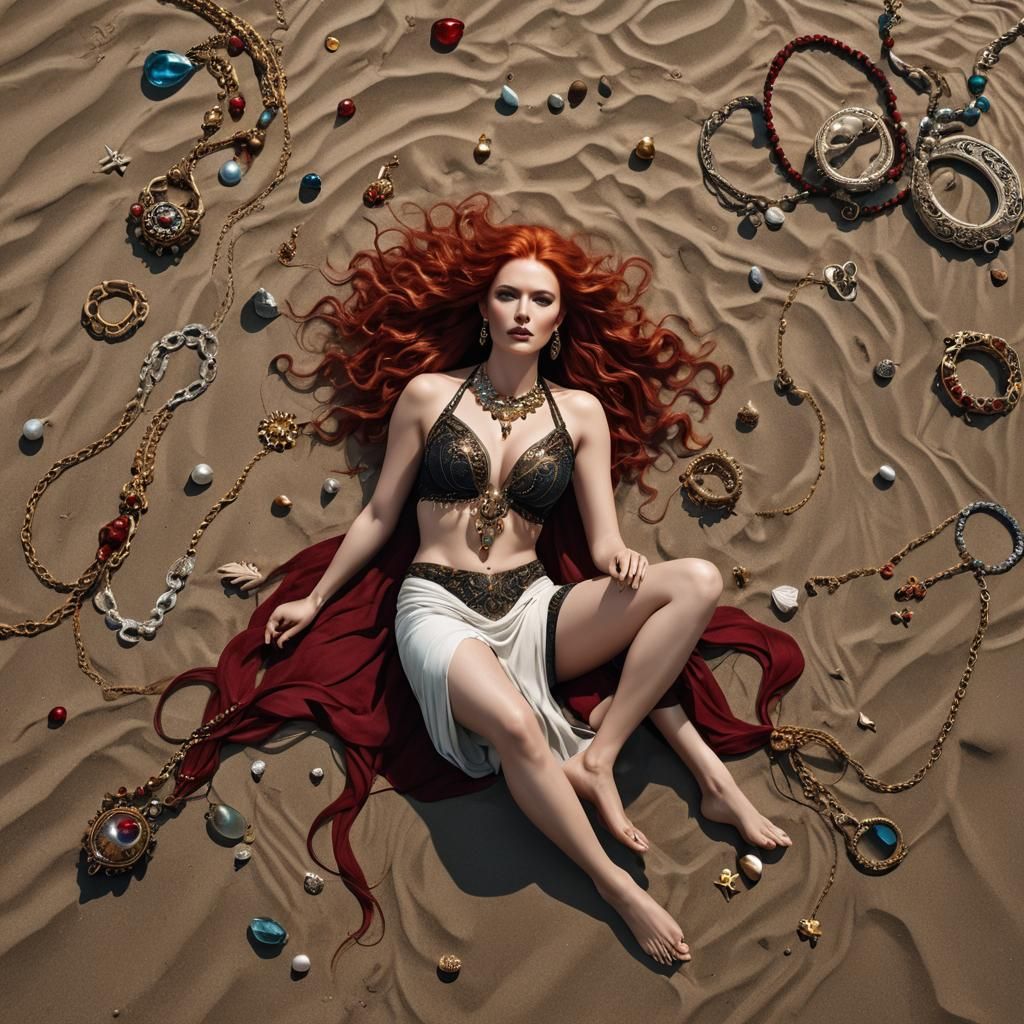 wide view of a red hair woman  whit less cloths much jeweler...