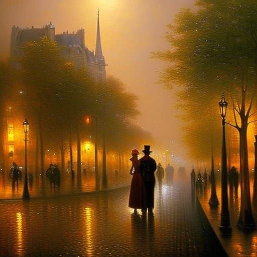 A man and his pretty wife in Paris by night