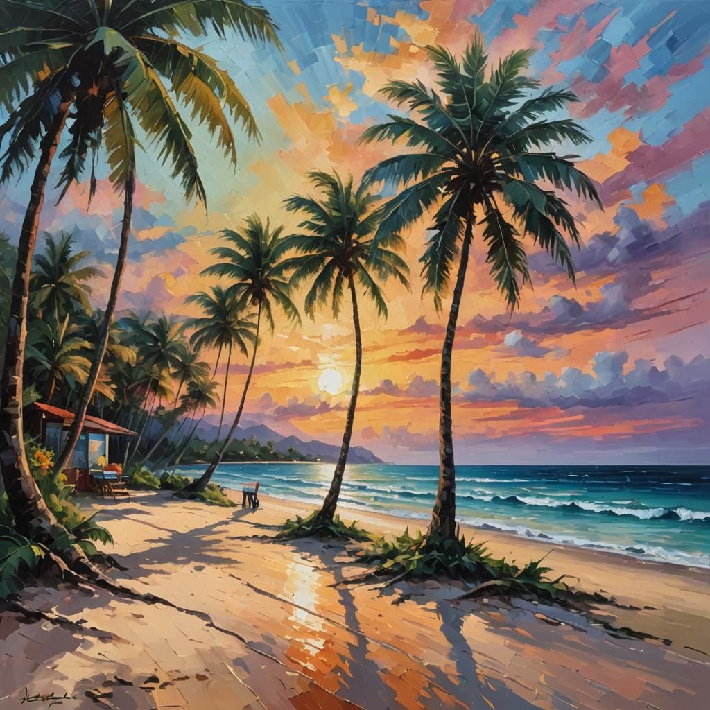 Tropical Beach Sunset in Neo-Impressionist Style