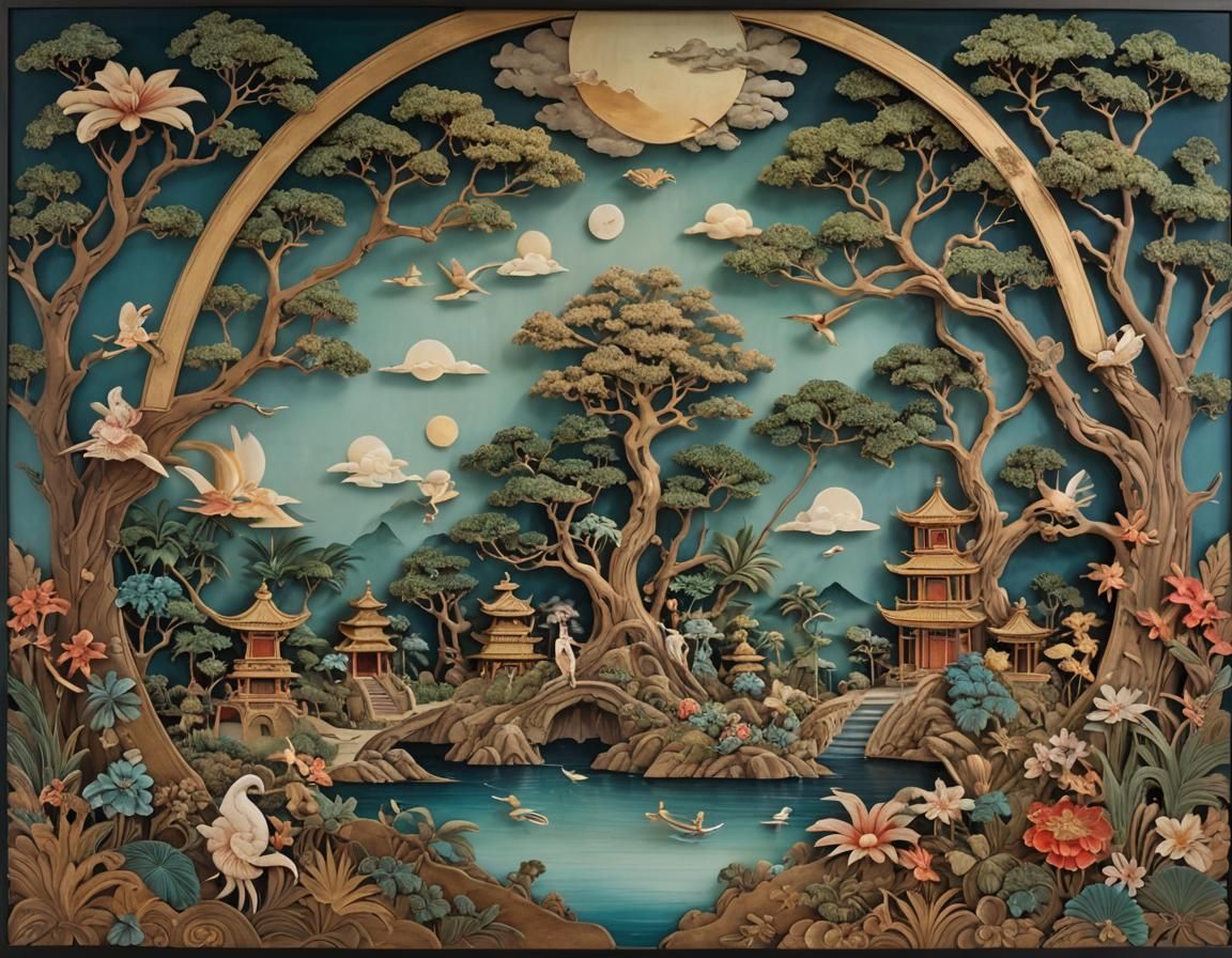 Eclectic Surrealist Fusion Spectrolite Asian Style Panel Dep...