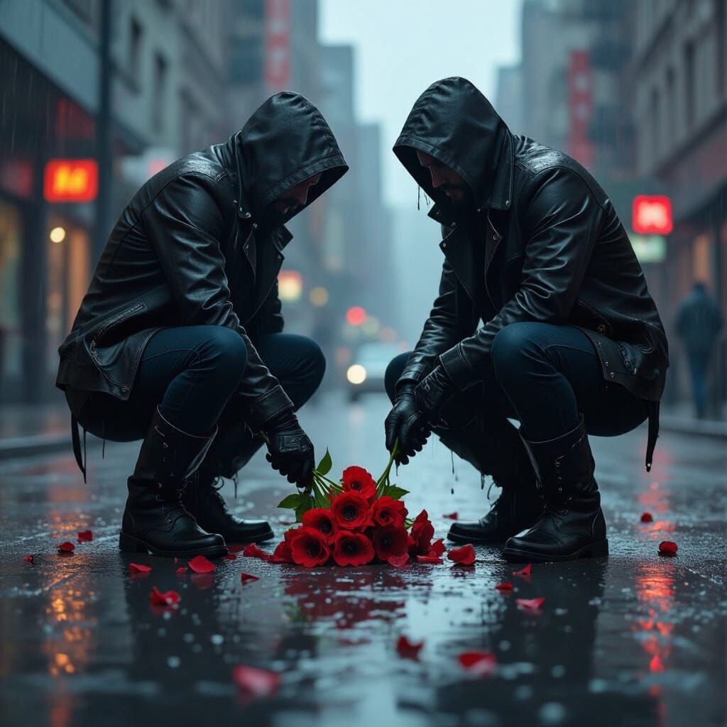 Men Crushing Red Flowers on Wet City Street