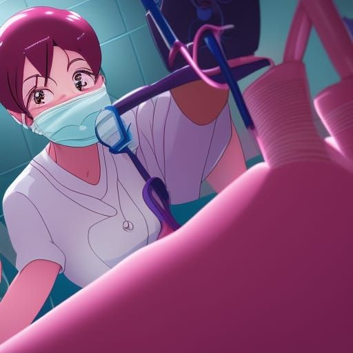 Illustration of a cute female dentist wearing pink gloves in...