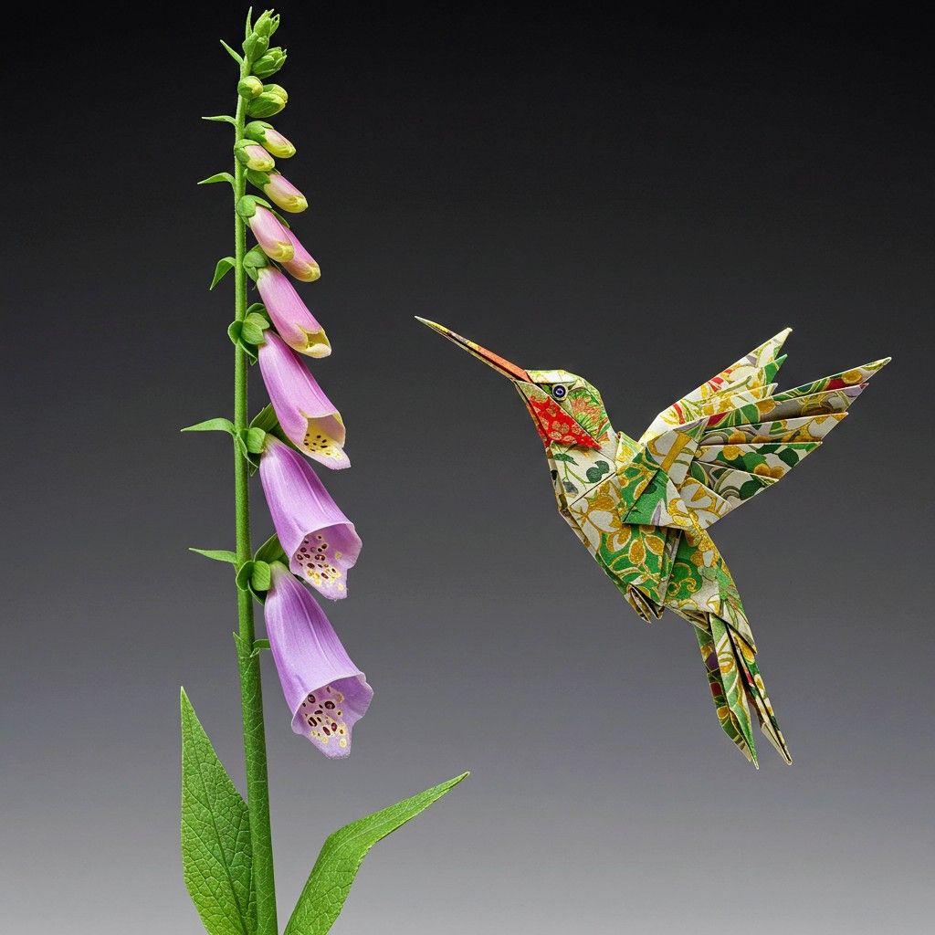 Origami Hummingbird and Foxglove