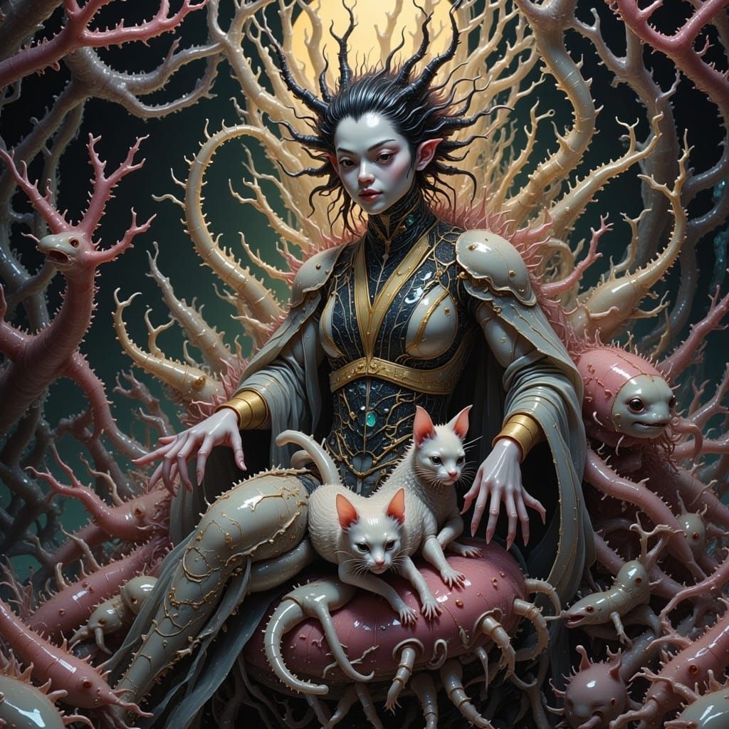 Beautiful machine cyborg Asian android geisha with a siamese cat by Luis Royo and Junji Ito and Kentaro Miura and Beksinski and Giger <lora:...