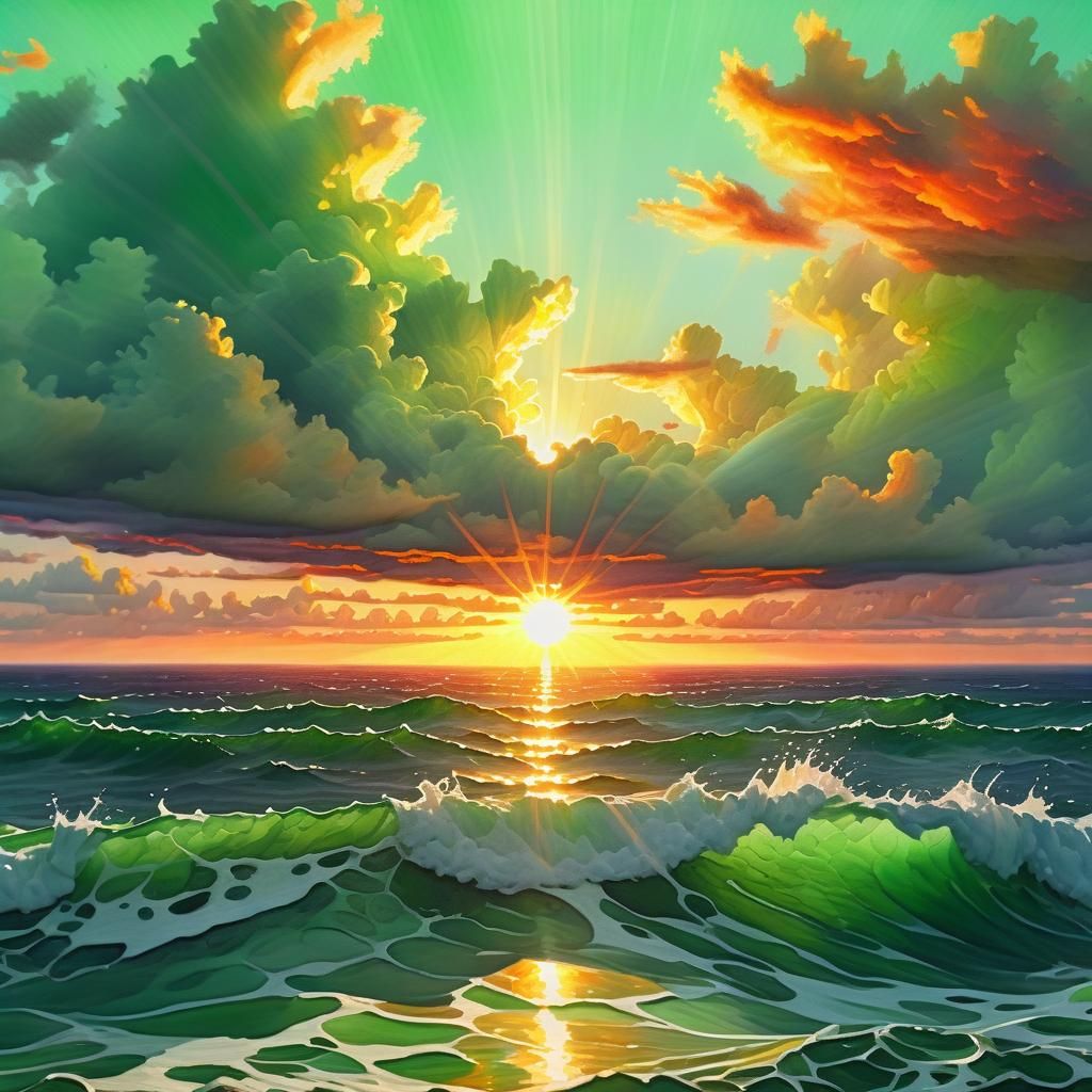 colorful vibrant Sunset over the ocean, Rays of Sunlight peaking through the clouds | 16k resolution, 64 megapixels, epic maximalist landsca...