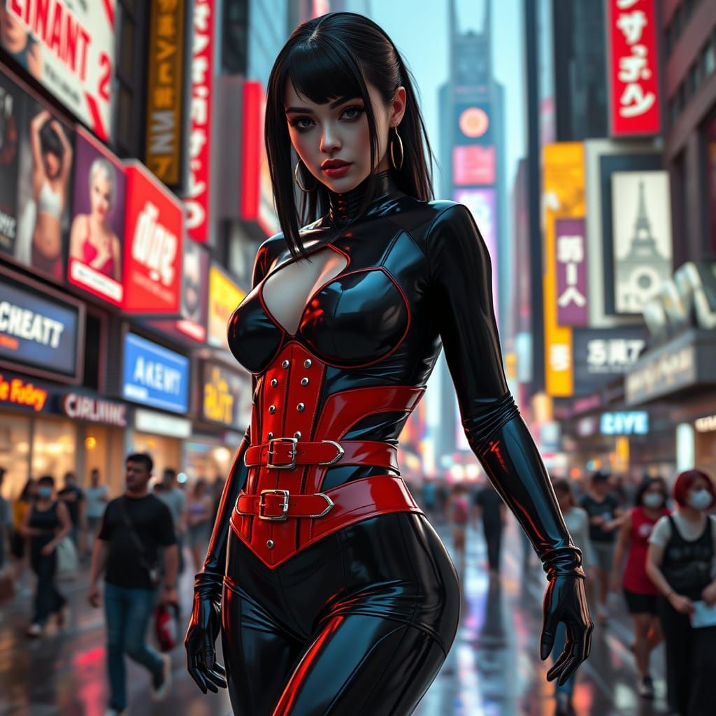 Full figure athletic woman in a skin-tight, high-gloss black latex catsuit with intricate seam details, wearing a striking red latex corset ...