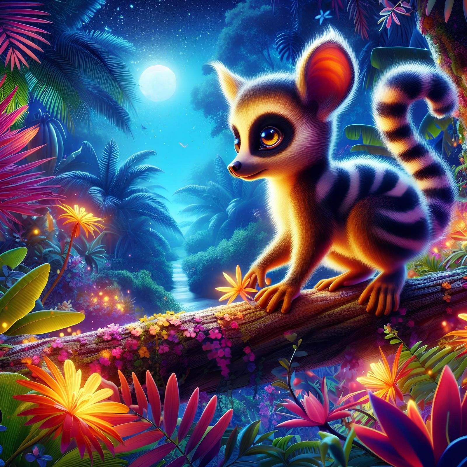 Masupilami in a vibrant jungle landscape with glowing flower...