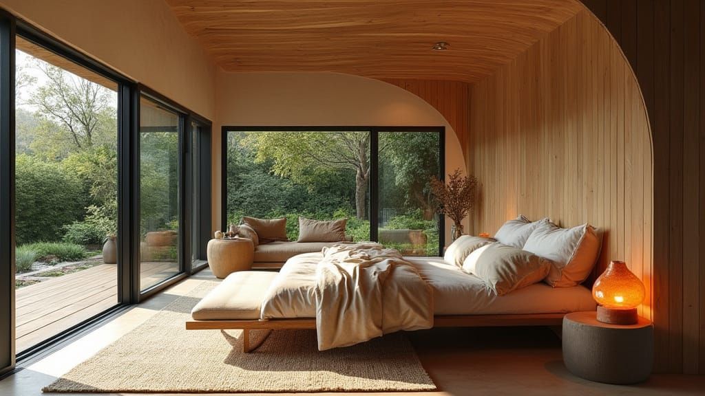 Organic Modern Bedroom – A soft retreat where gentle curves, warm wood, and sunlight compose a space for grounded serenity.