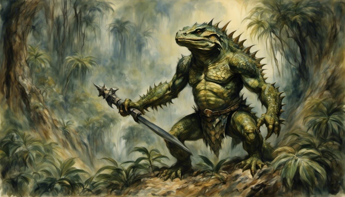 A lizardman warrior in a jungle <lora:Aeon Fantasy:1.0> 